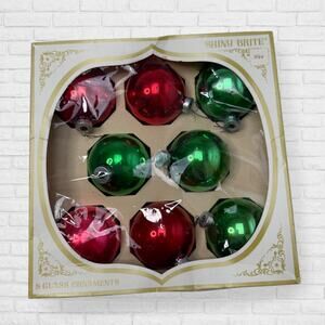 Vintage Shiny Brite Glass Christmas Ornaments 8 Red Green Balls USA Boxed Set
